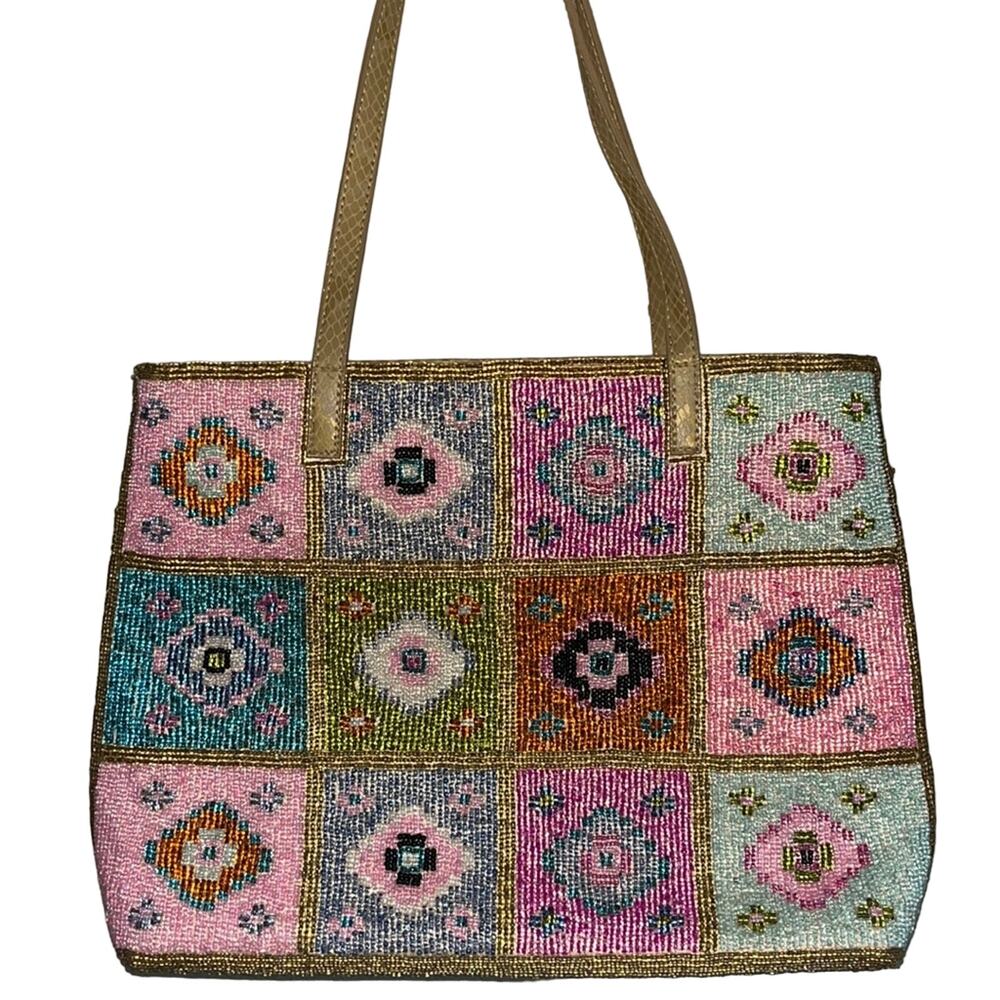 Vintage Beaded Purse Artsy Handbag Art to Wear Barbiecore Pink Multicolor 70s